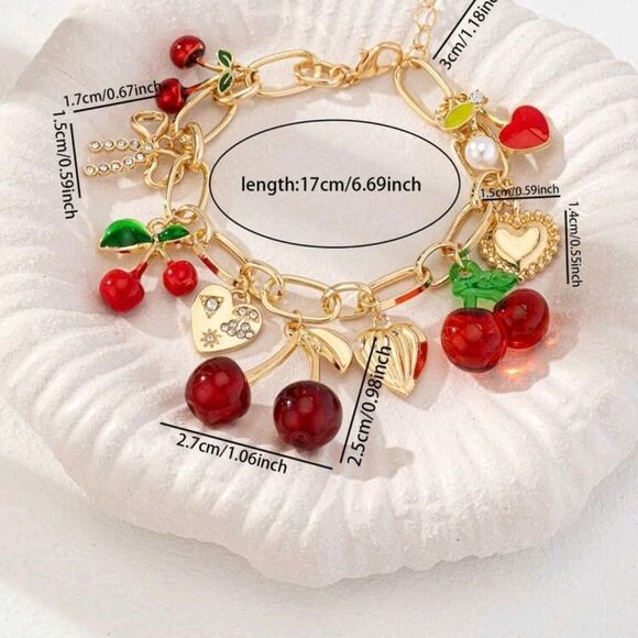 💲1️⃣0️⃣ Bundled ✔️Sweet Multi Charm Red Cherry Heart Bracelet Fun Gift - Picture 12 of 13